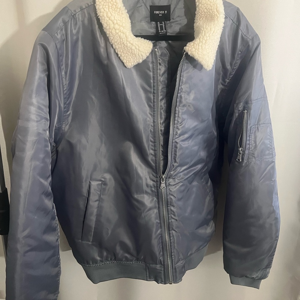Forever 21 Silver Bomber Jacket with Cream Collar